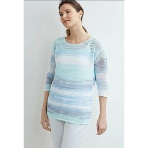 Pure Jill Open Knit Ombre Stripe Sweater Womens XL 100% Cotton Blue Green